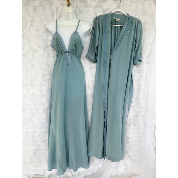 Vintage Christian DIOR 100% Silk Blue Long Gown & Robe 80's size PETITE Flowers - Picture 1 of 11